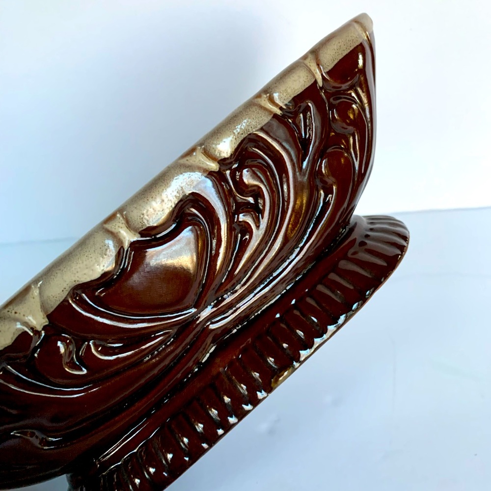 VTG Planter Brown White Drip Glaze Oval Pedestal Redware Pottery